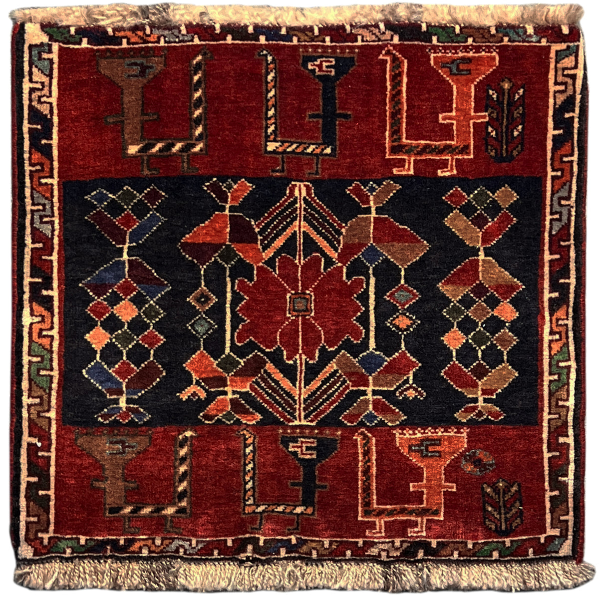 Poshti rug in red, dark blue, and multicolored with a geometric pattern, 51x50 cm