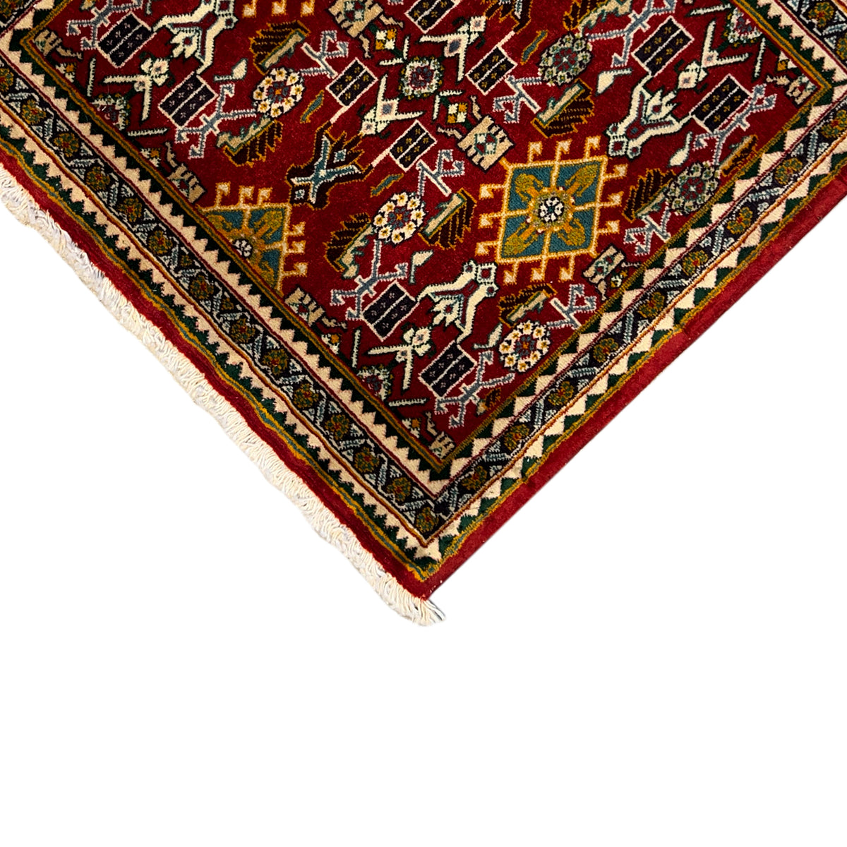 Rug with a red pattern, a wide multicolored border, and light-colored fringes