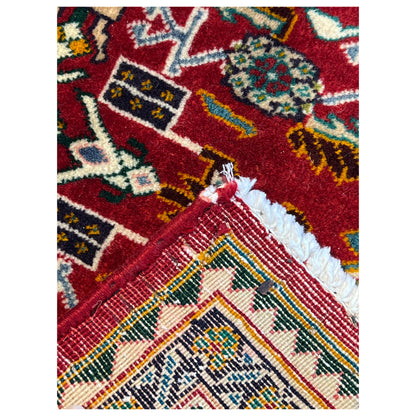 Detail: Carpet fabric with fringe and multicolored border pattern