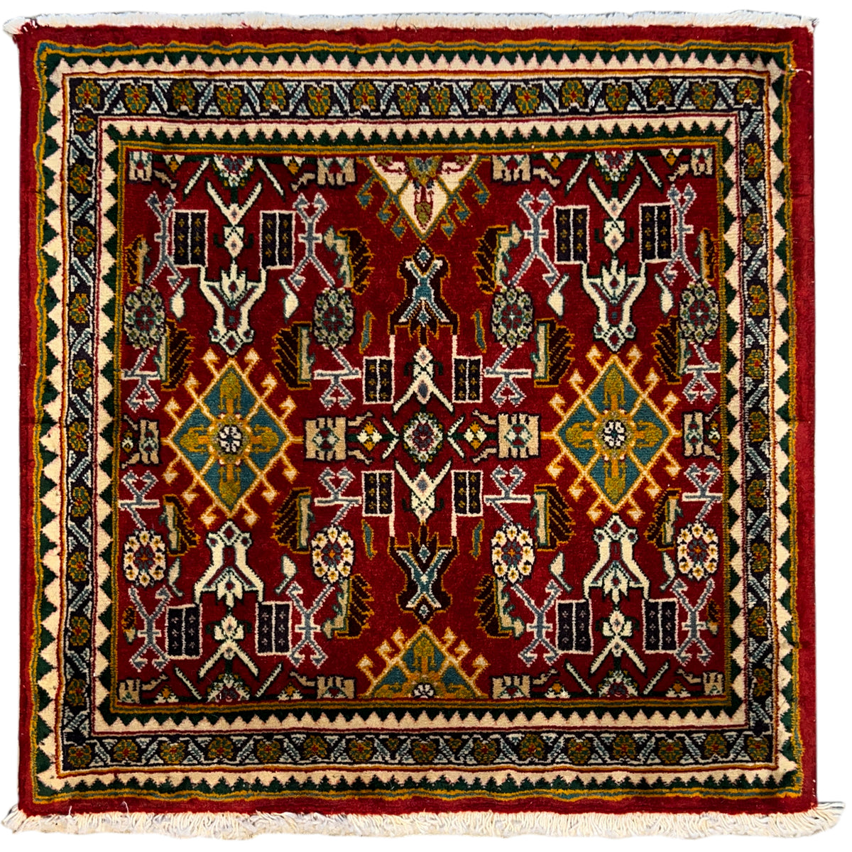 Poshti rug: red square pattern with border and fringe, 62x60 cm