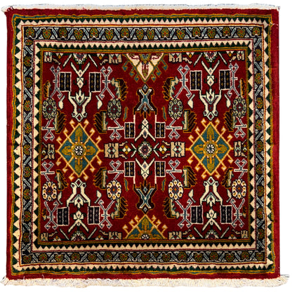 Poshti rug: red square pattern with border and fringe, 62x60 cm