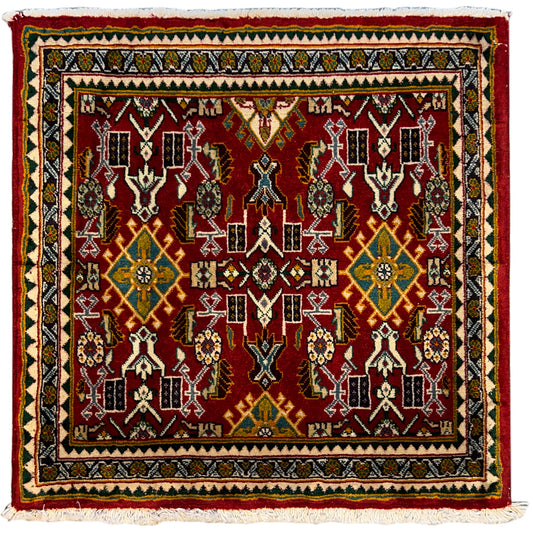 Poshti rug: red square pattern with border and fringe, 62x60 cm