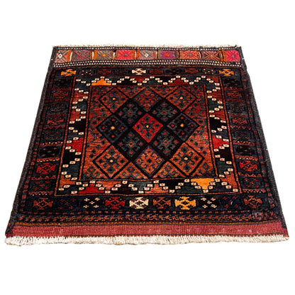 Hamedan Poshti rug, flat-woven, with a geometric pattern in dark red, black and blue
