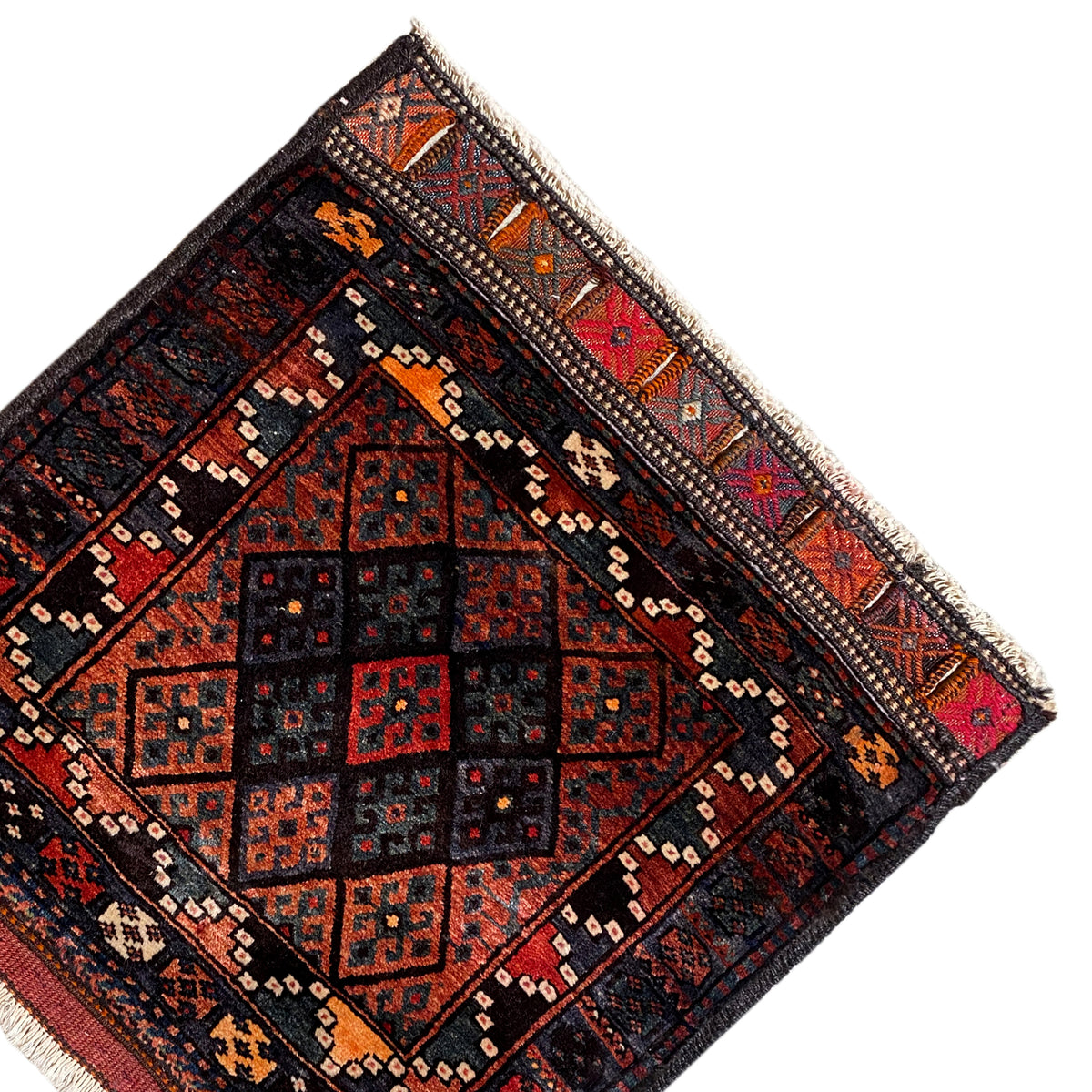 Hamedan Poshti carpet corner in focus: border with colorful motifs, dark background, fringe