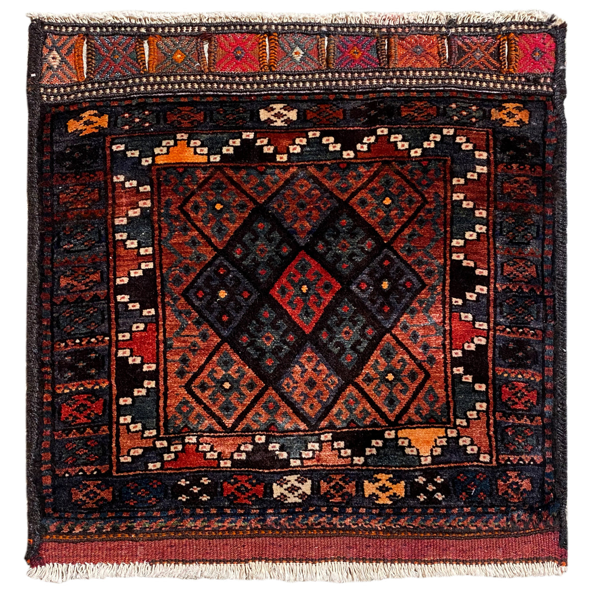 Hamedan Poshti rug with a square ornamental pattern in black, red, and blue, with fringes