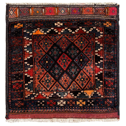 Hamedan Poshti rug with a square ornamental pattern in black, red, and blue, with fringes
