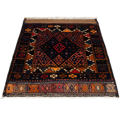 Rug, flat-woven, dark design with geometric patterns in red, blue, and orange