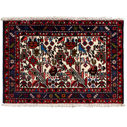 Oriental rug with medallion design, red, blue and cream, fringes