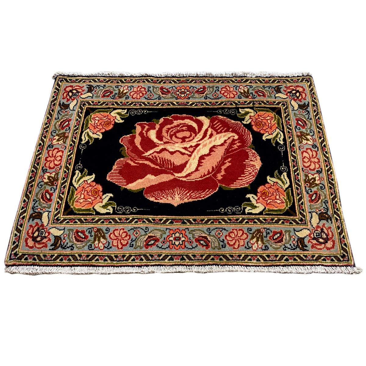 Hamedan Poshti rug, rectangular, black field with red rose decoration in the central area.