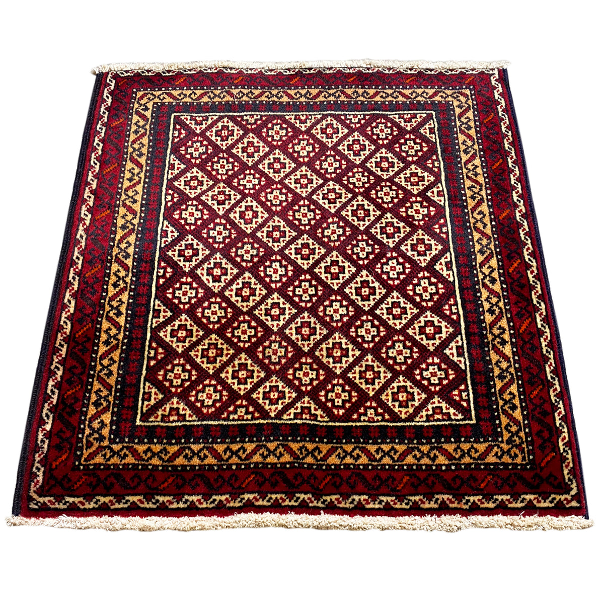 Rug 65x61 cm, red geometric pattern with border trim and fringes