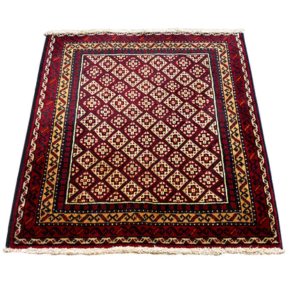 Rug 65x61 cm, red geometric pattern with border trim and fringes