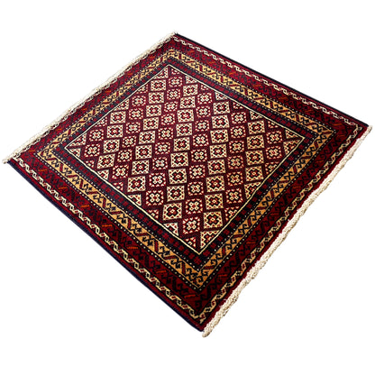 Rug 65x61 cm, dark blue border with red diamonds and cream-colored decorative lines