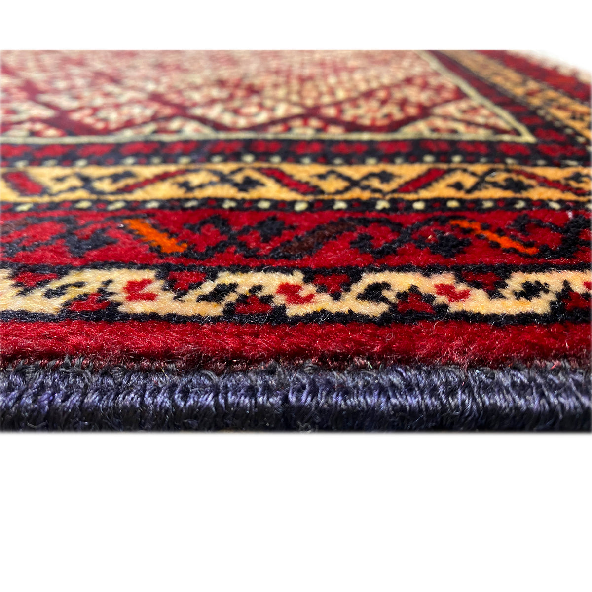 Rug 65x61 cm Detail: red area, multicolored stripes, and short fringes