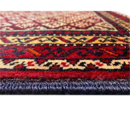 Rug 65x61 cm Detail: red area, multicolored stripes, and short fringes