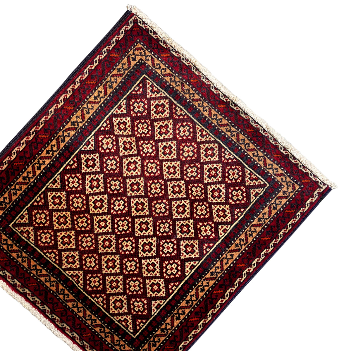 Rug 65x61 cm, angled, red diamond pattern with dark blue edging and a cream border