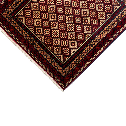 Rug 65x61 cm, angled, dense red square pattern with dark blue edging