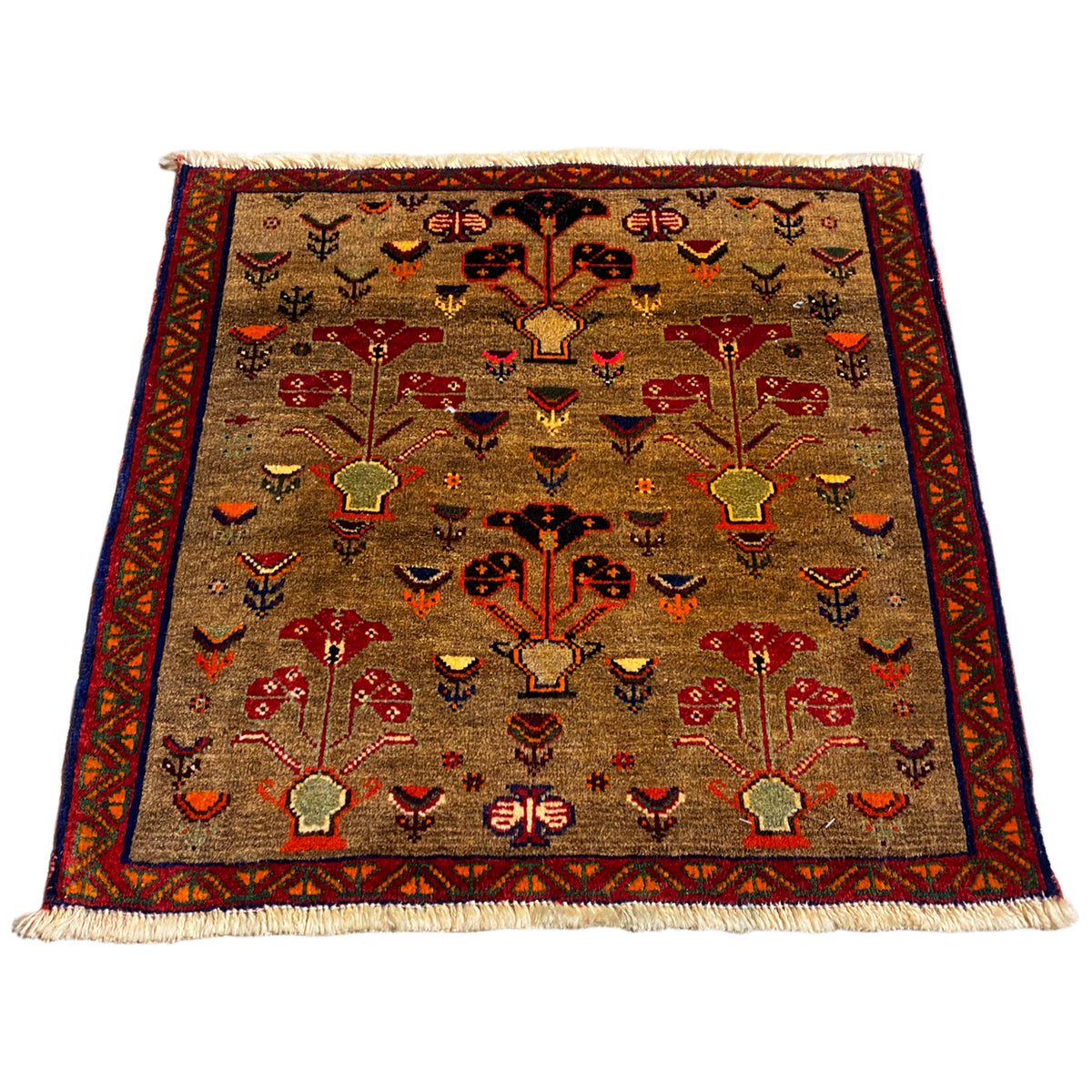 Poshti rug 63x61 cm, rectangular, with a beige pattern featuring red, blue, and gold motifs