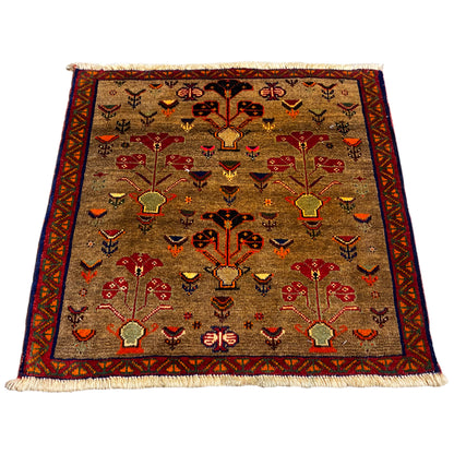 Poshti rug 63x61 cm, rectangular, with a beige pattern featuring red, blue, and gold motifs