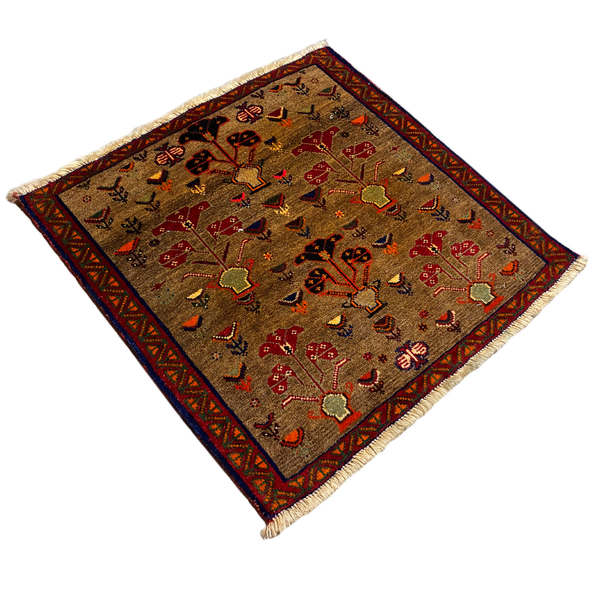 Poshti rug 63x61 cm in beige with red, yellow, and blue embroidered motifs, diagonal