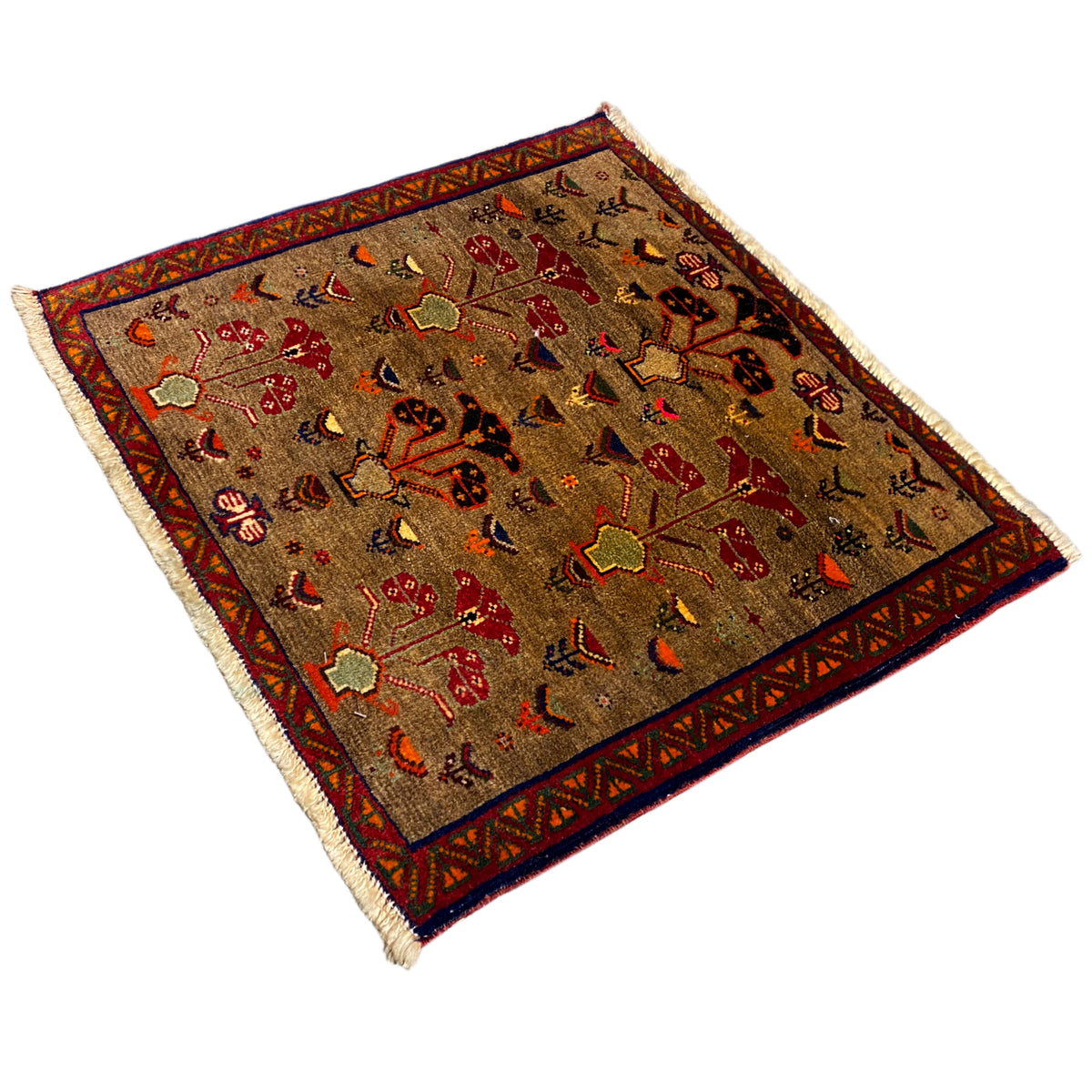 Poshti rug 63x61 cm rectangular with a beige background, red and gold ornaments, diagonal