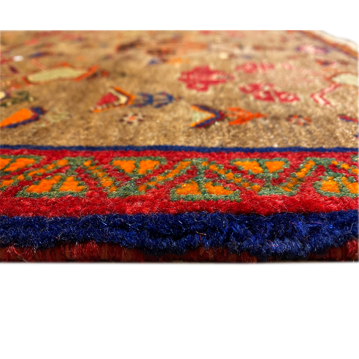 Detail Poshti rug 63x61 cm: colorful border and fringe along the bottom edge