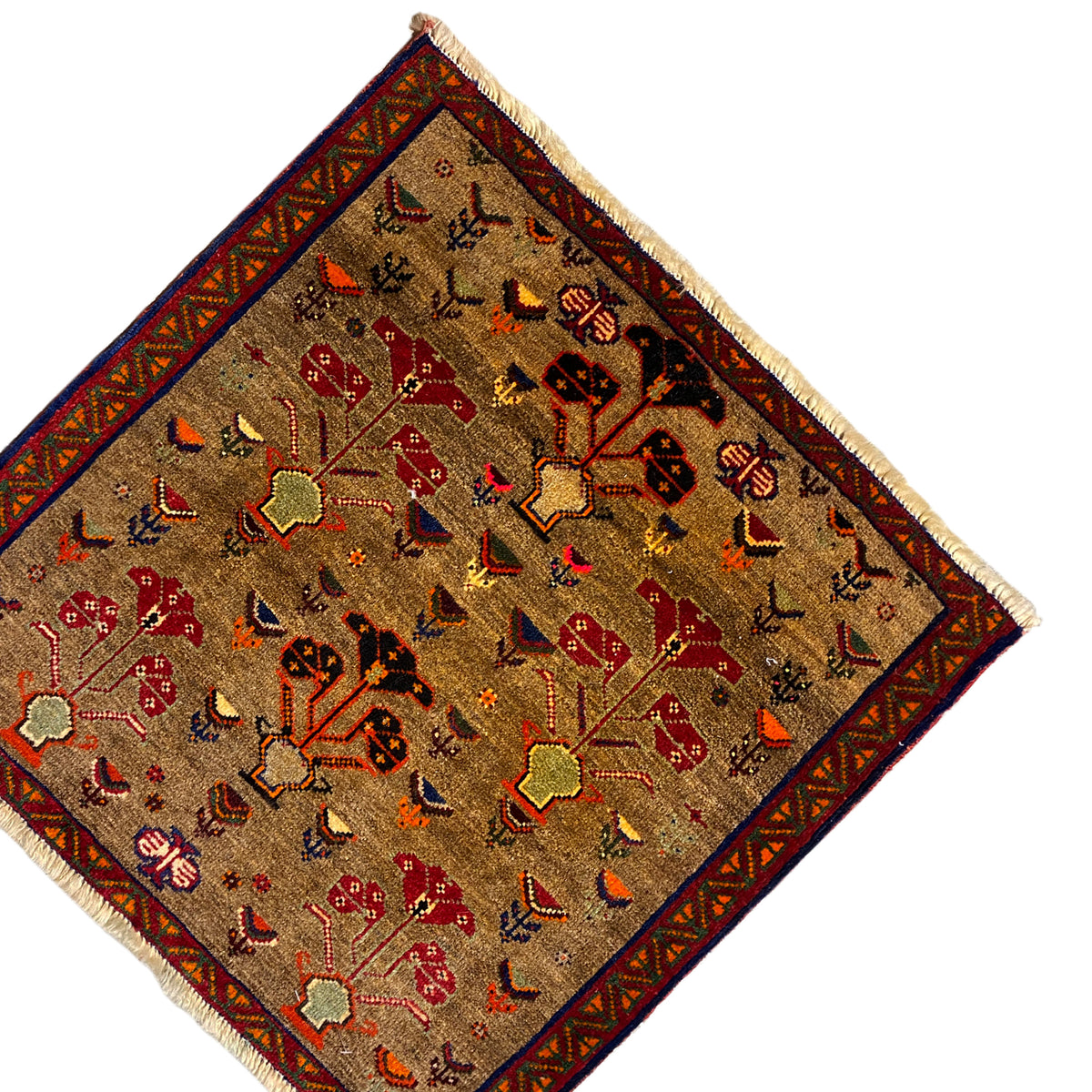 Poshti carpet 63x61 cm, rectangular, with a beige ground, red and gold floral patterns, diagonal