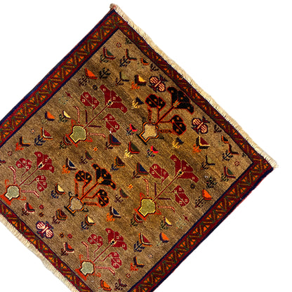 Poshti carpet 63x61 cm, rectangular, with a beige ground, red and gold floral patterns, diagonal