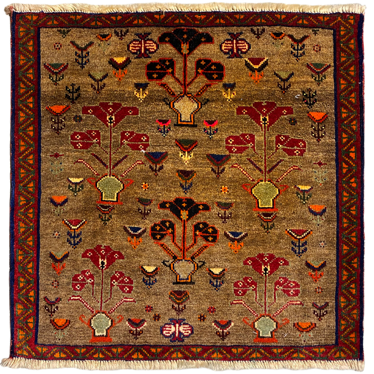 Poshti rug 63x61 cm with a beige background, red and blue decorative motifs, rectangular