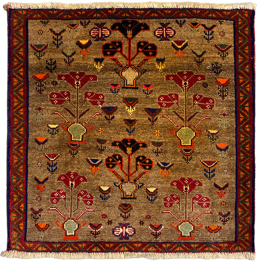 Poshti rug 63x61 cm with a beige background, red and blue decorative motifs, rectangular