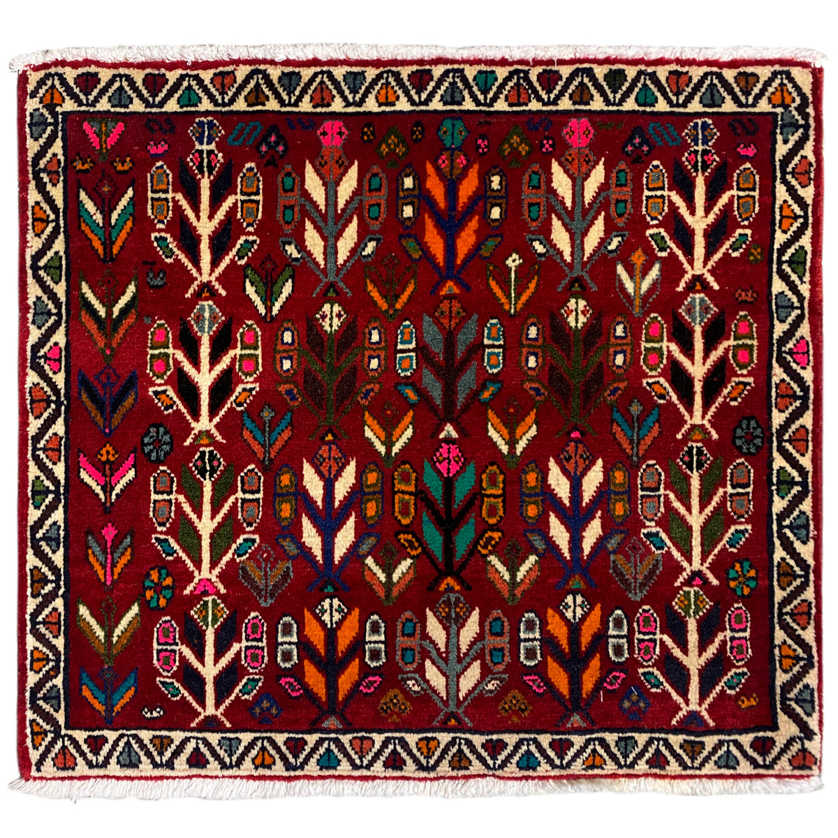 Poshti rug with a red background, multicolored tree and pattern design, fringed edge.