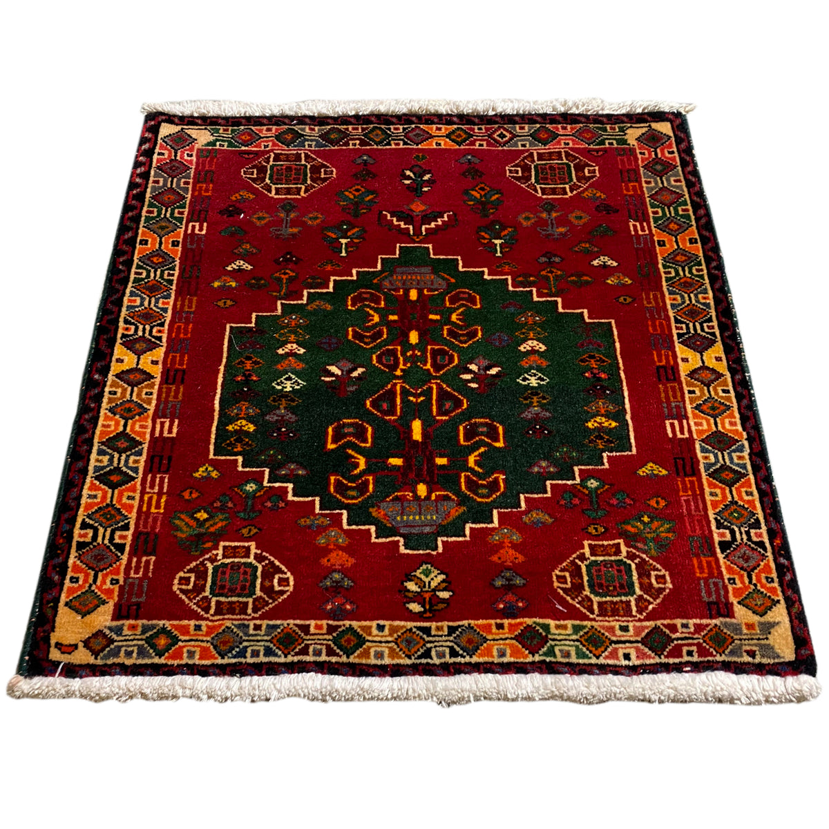 Rug with a red pattern, a central green medallion and decorative border, with fringes
