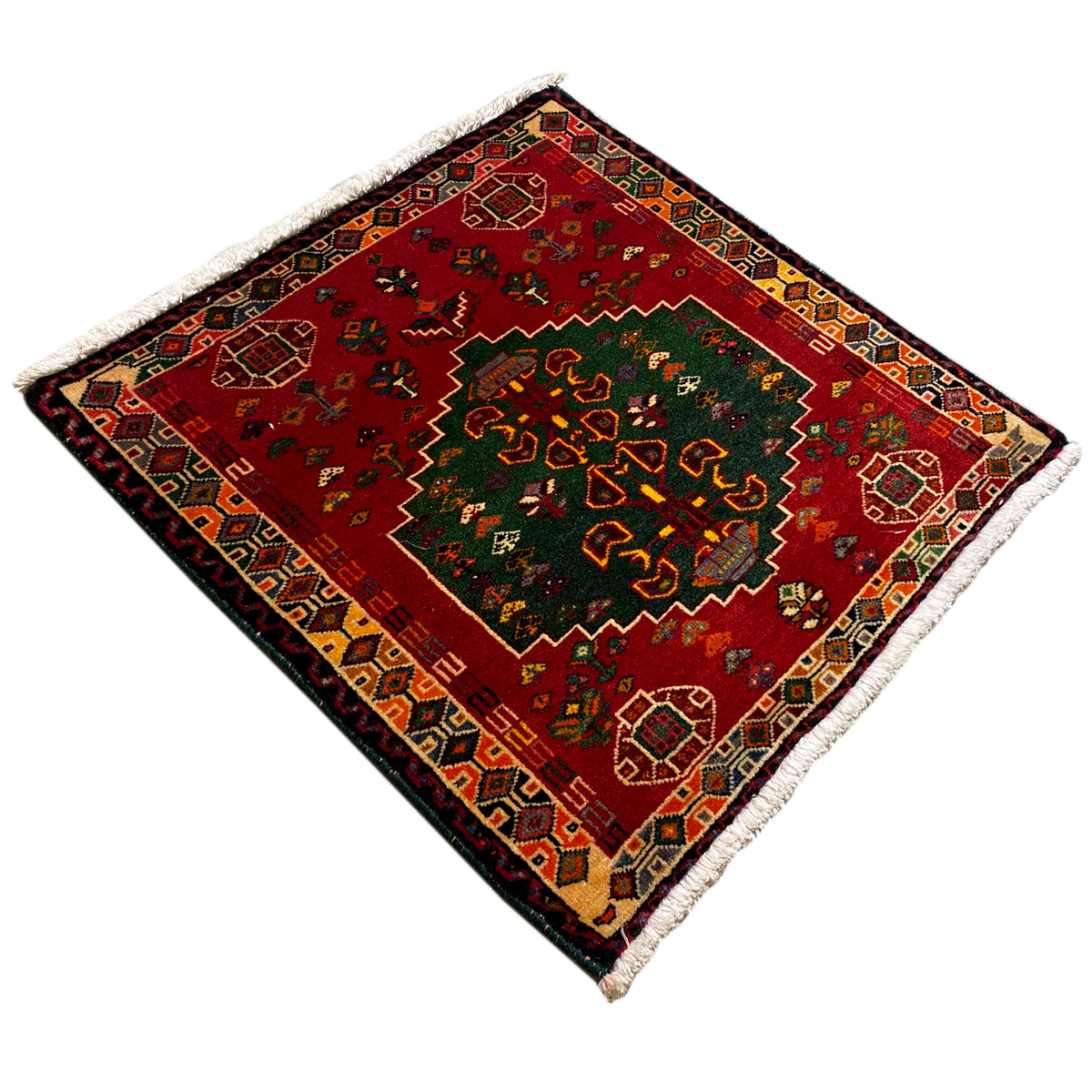 Small rug with a red field, green medallion, and colorful geometric border