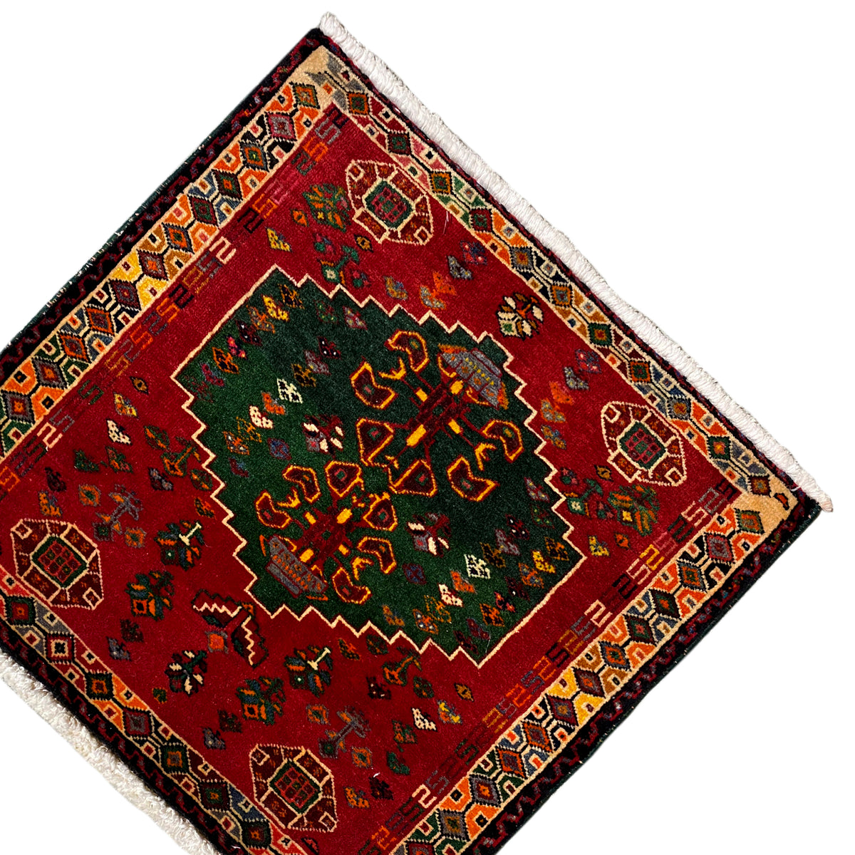 Carpet diagonal view: red ornamental field, green medallion, and colorful border