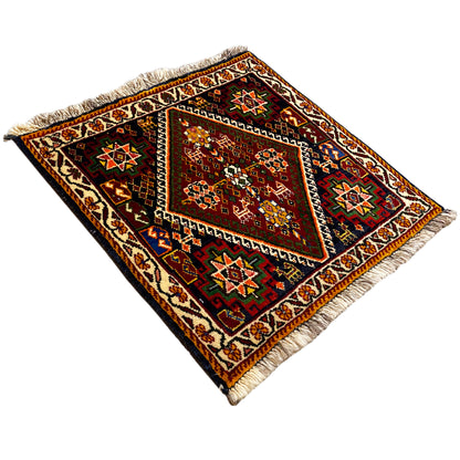 Poshti rug 57x56 cm in dark red with geometric pattern, fringes along the edges
