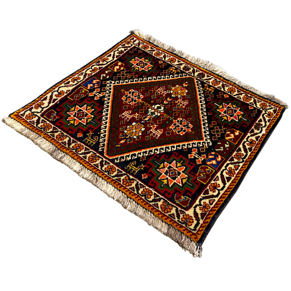 Poshti rug 57x56 cm, shown turned: fine geometric pattern, fringe