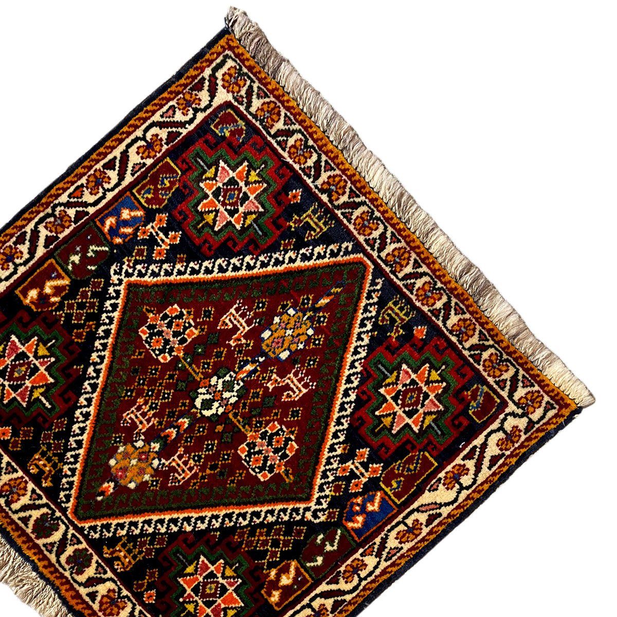 Poshti rug 57x56 cm with central medallion and geometric stars, fringes