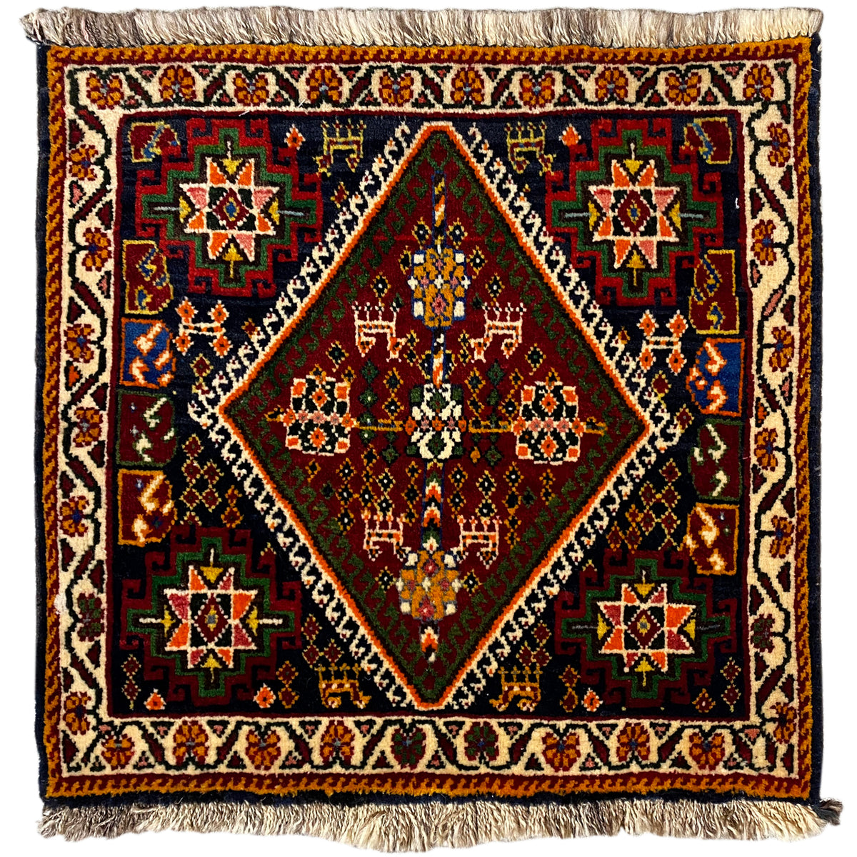 Poshti rug 57x56 cm with multicolored geometric pattern and fringe