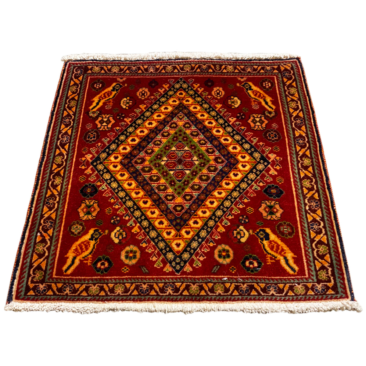Square Poshti rug 65x65 cm: red medallion design, border, fringe
