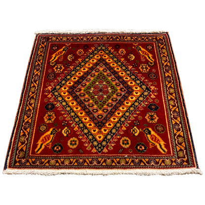Square Poshti rug 65x65 cm: red medallion design, border, fringe