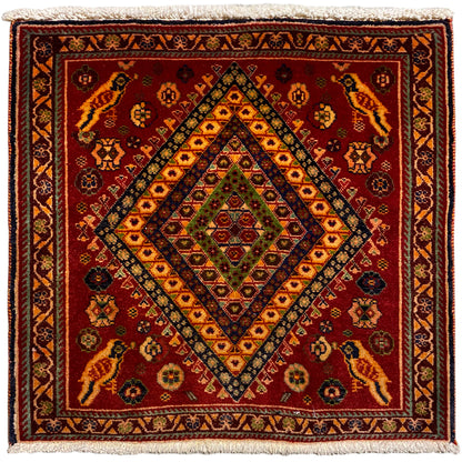 Poshti rug 65x65 cm with red geometric pattern and wide border, fringes