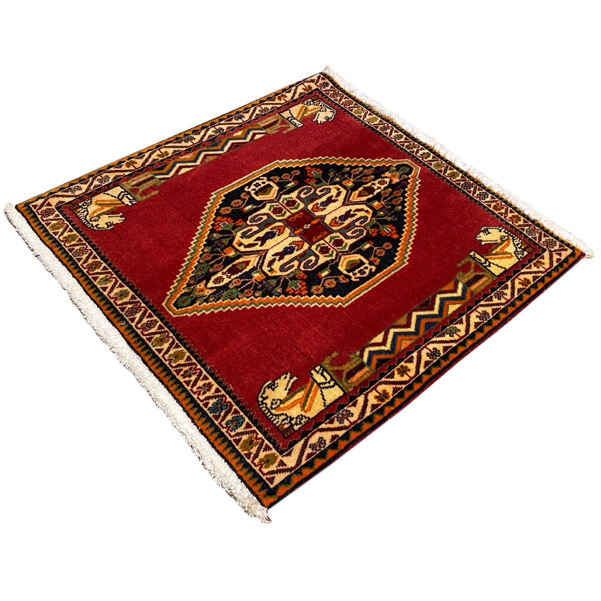 Carpet viewed at an angle: red background, dark medallion, decorative border patterns, and fringes