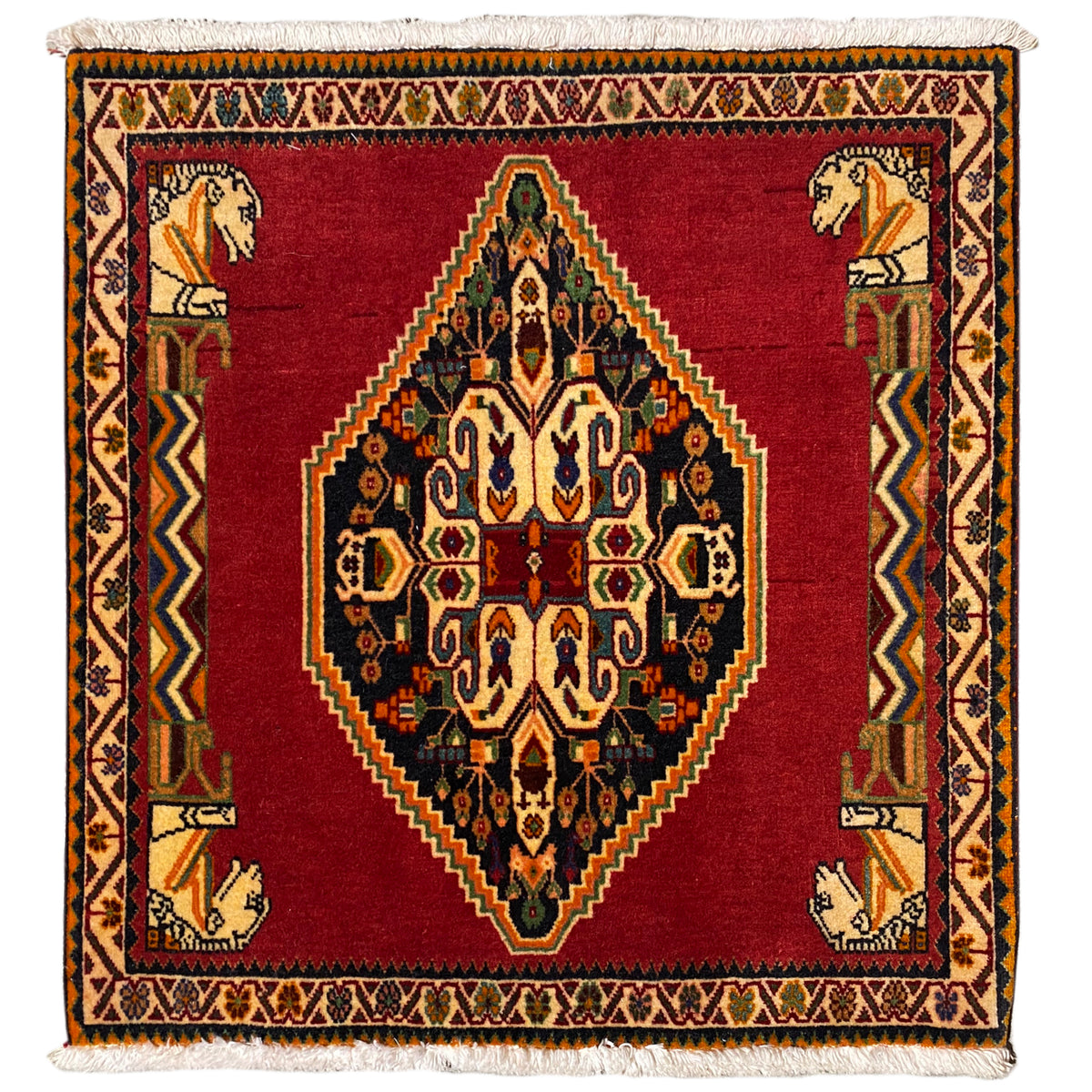 Rug with a red ground, central medallion, geometric border, and decorative fringe