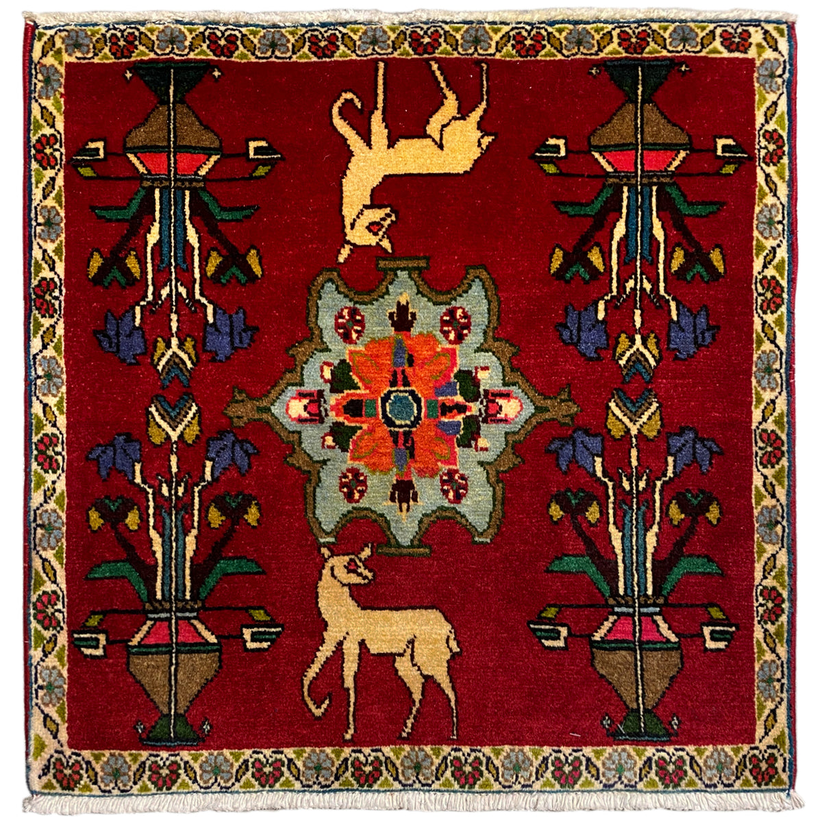 Poshti rug (67x64 cm) with an all-over red pattern and multicolored border.