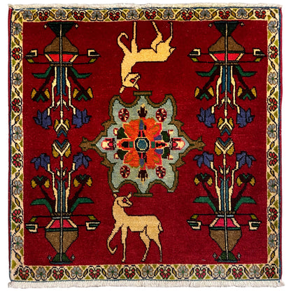 Poshti rug (67x64 cm) with an all-over red pattern and multicolored border.