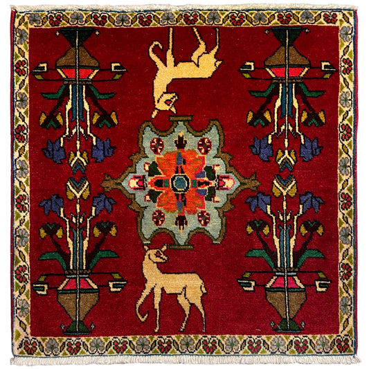 Poshti rug (67x64 cm) with an all-over red pattern and multicolored border.