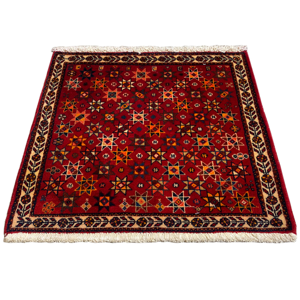 Poshti rug 59x56 cm, red rug with a multicolored pattern and fringe