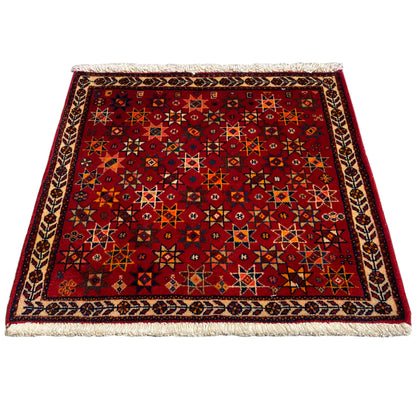 Poshti rug 59x56 cm, red rug with a multicolored pattern and fringe