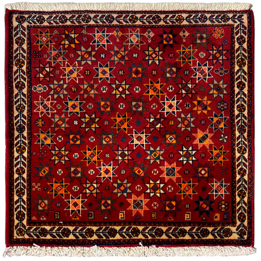 Poshti rug 59x56 cm, red geometric pattern with borders and fringes