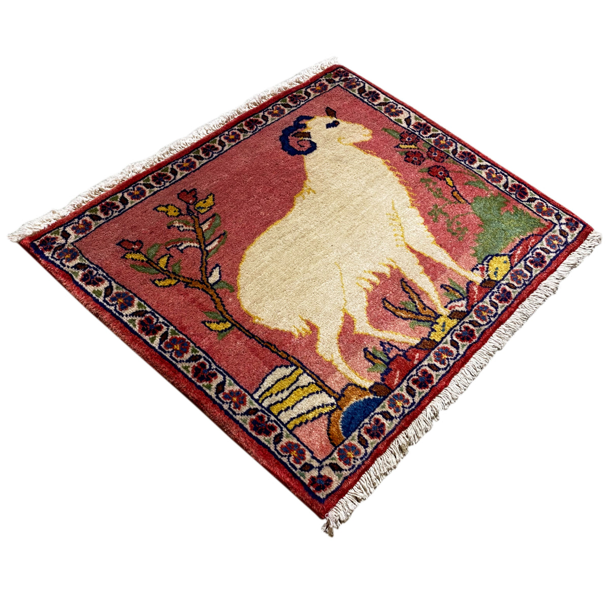 Carpet 54x48 cm, square, red floral pattern with light-colored animal depictions
