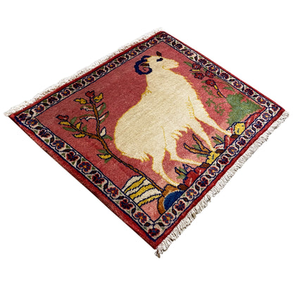 Carpet 54x48 cm, square, red floral pattern with light-colored animal depictions